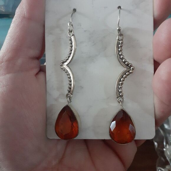 925 Sterling Silver Dangle Earrings Brown Stone Chandelier Pierced - Picture 5 of 5